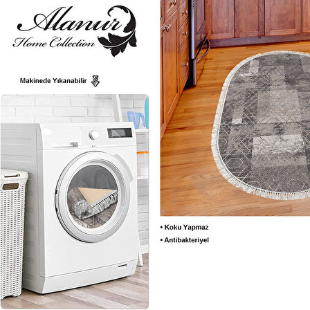 Dekoreko Kaymaz Taban Djt Mutfak Halısı Yıldız Deri Saçaklı Oval İskandinav F5132