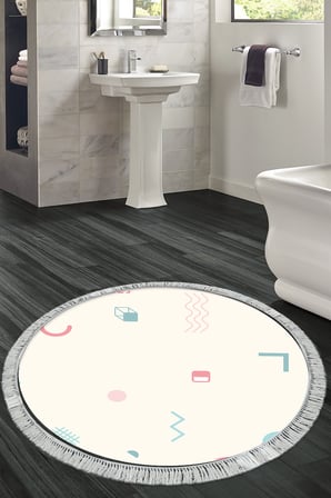 Kaymaz Dijital Mutfak & Salon Halı Trend Saçaklı Yuvarlak Geometrik E5015