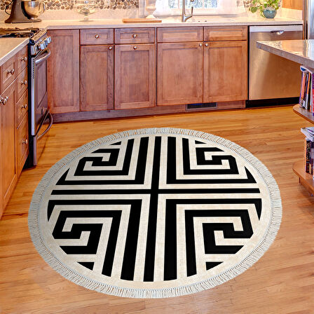 Dekoreko Kaymaz Taban Djt Mutfak Halısı Yıldız Deri Saçaklı Yuvarlak Modern 658M