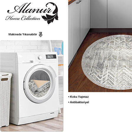 Dekoreko Kaymaz Taban Djt Mutfak Halısı Yıldız Deri Saçaklı Yuvarlak İskandinav F5083