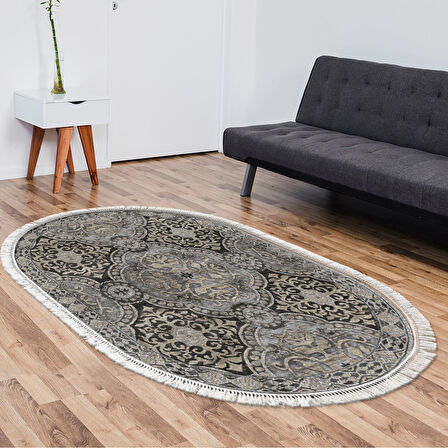 Dekoreko Kaymaz Taban Djt Salon Halısı Yıldız Deri Saçaklı Oval Modern 659M