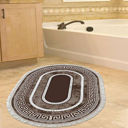 Dekoreko Kaymaz Taban Djt Banyo Halısı Yıldız Deri Saçaklı Oval Modern 651M