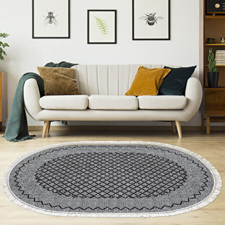 Dekoreko Kaymaz Taban Djt Salon Halısı Star Pamuk Saçaklı Oval Modern M5001