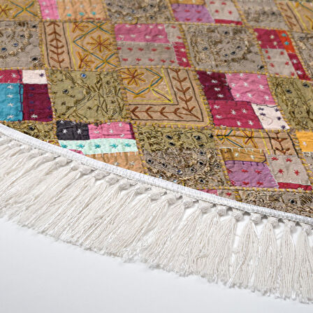 Dekoreko Kaymaz Taban Djt Mutfak Halısı Star Pamuk Saçaklı Yuvarlak Modern 2155M