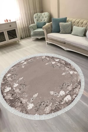 Dijital Baskılı Yuvarlak Salon Halısı | Kaymaz Yıkanabilir | Keçe Taban Saçaklı | Çiçekli | P1388