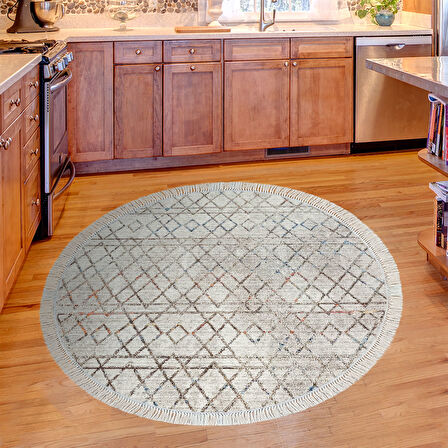 Dekoreko Kaymaz Taban Djt Mutfak Halısı Star Pamuk Saçaklı Yuvarlak İskandinav F5079