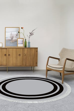 Dijital Baskılı Yuvarlak Salon Halısı | Kaymaz Yıkanabilir | Keçe Taban Saçaklı | Geometrik | 1696