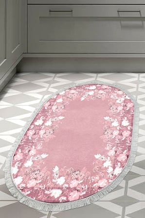 Dijital Baskılı Oval Salon Halısı | Kaymaz Yıkanabilir | Keçe Taban Saçaklı | Çiçekli | P1388