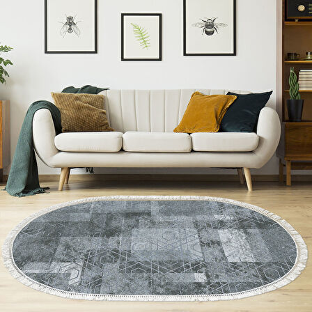 Dekoreko Kaymaz Taban Djt Salon Halısı Trend Saçaklı Oval İskandinav F5132