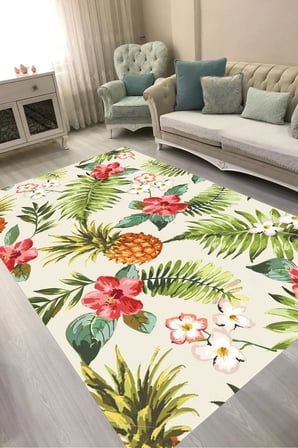 Dijital Baskılı Dikdörtgen Salon Halısı | Kaymaz Yıkanabilir | Keçe Taban | Çiçekli | S5025