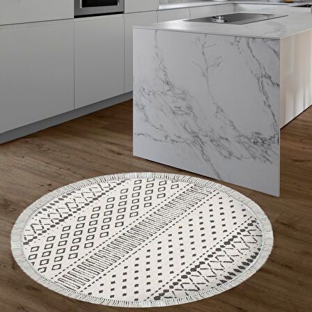 Dekoreko Kaymaz Taban Djt Mutfak Halısı Yıldız Deri Saçaklı Yuvarlak İskandinav F5086