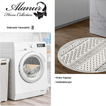 Dekoreko Kaymaz Taban Djt Mutfak Halısı Yıldız Deri Saçaklı Yuvarlak İskandinav F5086