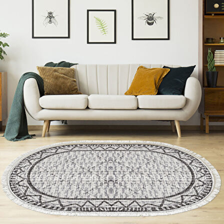 Dekoreko Kaymaz Taban Djt Salon Halısı Yıldız Deri Saçaklı Oval İskandinav F5081