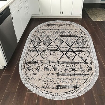 Dekoreko Kaymaz Taban Djt Mutfak Halısı Star Pamuk Saçaklı Oval İskandinav M5141