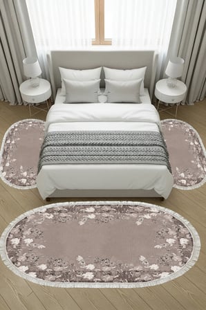 Kaymaz Yıkanabilir Dijital Baskılı 3'lü Klozet Takımı | Oval | Keçe Taban Saçaklı | Çiçekli | P1388