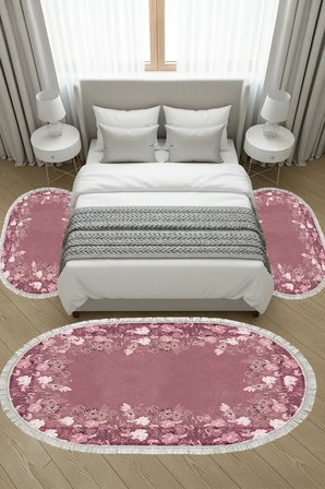 Kaymaz Yıkanabilir Dijital Baskılı 3'lü Klozet Takımı | Oval | Keçe Taban Saçaklı | Çiçekli | P1388