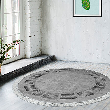 Dekoreko Kaymaz Taban Djt Salon Halısı Yıldız Deri Saçaklı Yuvarlak Modern 691M