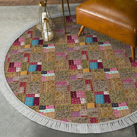 Dekoreko Kaymaz Taban Djt Salon Halısı Star Pamuk Saçaklı Yuvarlak Modern 2155M