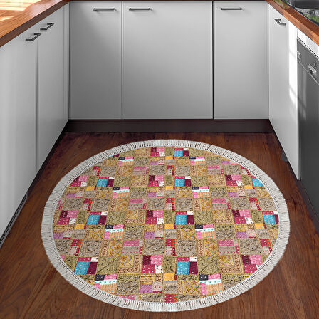 Dekoreko Kaymaz Taban Djt Mutfak Halısı Yıldız Deri Saçaklı Yuvarlak Modern 2155M