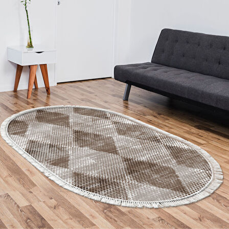 Dekoreko Kaymaz Taban Djt Salon Halısı Star Pamuk Saçaklı Oval İskandinav F5131