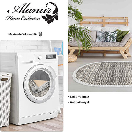 Dekoreko Kaymaz Taban Djt Salon Halısı Yıldız Deri Saçaklı Oval İskandinav F5087