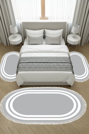 Kaymaz Yıkanabilir Dijital Baskılı 3'lü Klozet Takımı | Oval | Keçe Taban Saçaklı | Geometrik | 1696