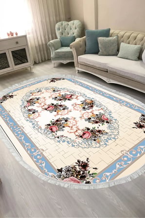 Dijital Baskılı Oval Salon Halısı | Kaymaz Yıkanabilir | Keçe Taban Saçaklı | Klasik | 9171M
