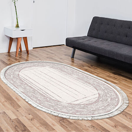 Dekoreko Kaymaz Taban Djt Salon Halısı Yıldız Deri Saçaklı Oval Modern M5076