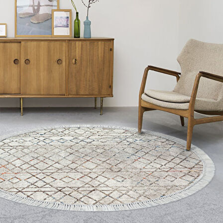 Dekoreko Kaymaz Taban Djt Salon Halısı Trend Saçaklı Yuvarlak İskandinav F5079