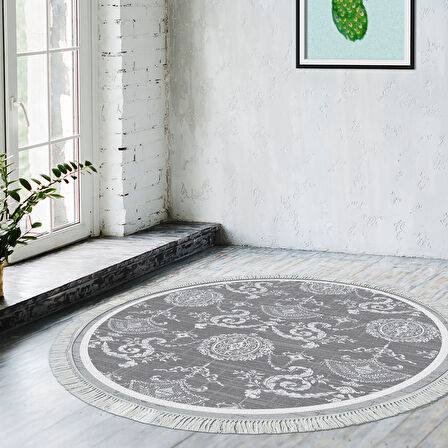 Dekoreko Kaymaz Taban Djt Salon Halısı Star Pamuk Saçaklı Yuvarlak Modern 1861M