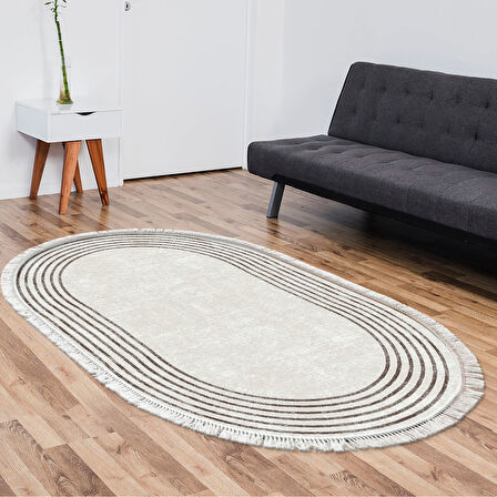 Dekoreko Kaymaz Taban Djt Salon Halısı Star Pamuk Saçaklı Oval Modern M5142