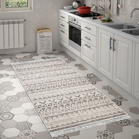 Dekoreko Kaymaz Taban Djt Mutfak Halısı Yıldız Deri Saçaklı İskandinav F5078