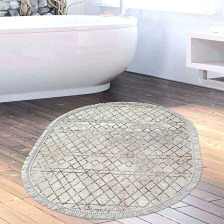Dekoreko Kaymaz Taban Djt Banyo Halısı Trend Saçaklı Oval İskandinav F5079