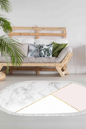 Kaymaz Dijital Mutfak & Salon Halı Star Pamuk Saçaklı Oval Geometrik E5008