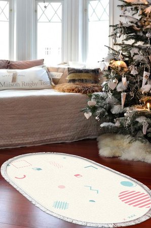 Kaymaz Dijital Mutfak & Salon Halı Trend Saçaklı Oval Geometrik E5015