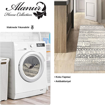 Dekoreko Kaymaz Taban Djt Mutfak Halısı Star Pamuk Saçaklı İskandinav F5080 Silver