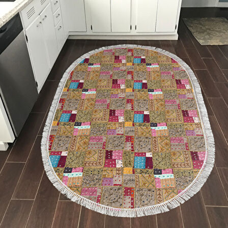 Dekoreko Kaymaz Taban Djt Mutfak Halısı Yıldız Deri Saçaklı Oval Modern 2155M