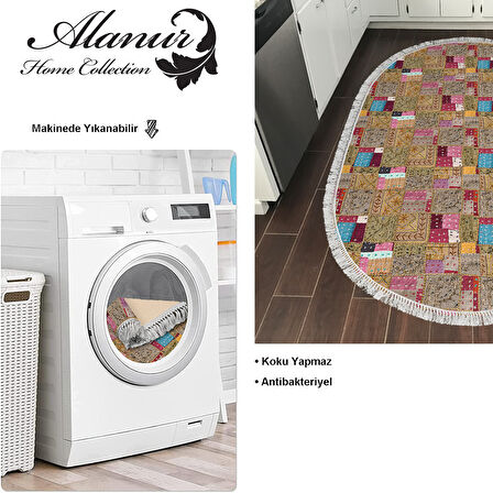 Dekoreko Kaymaz Taban Djt Mutfak Halısı Yıldız Deri Saçaklı Oval Modern 2155M