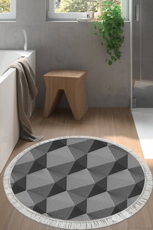 Kaymaz Dijital Mutfak & Salon Halı Trend Saçaklı Yuvarlak Geometrik E5010