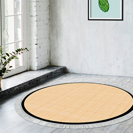 Alanur Home Kaymaz Taban Djt Banyo Mutfak Salon Halı  Trend Saçaklı Yuvarlak Dokuma Desen E5007