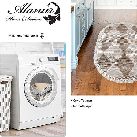 Dekoreko Kaymaz Taban Djt Mutfak Halısı Yıldız Deri Saçaklı Oval İskandinav F5131