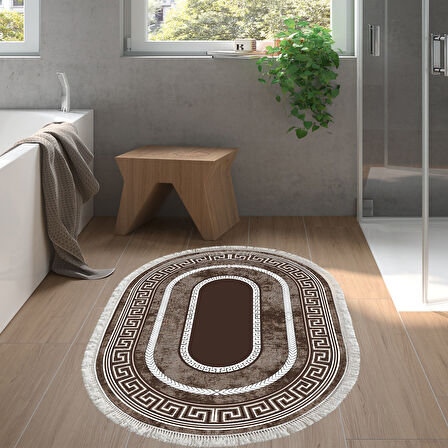 Dekoreko Kaymaz Taban Djt Banyo Halısı Star Pamuk Saçaklı Oval Modern 651M