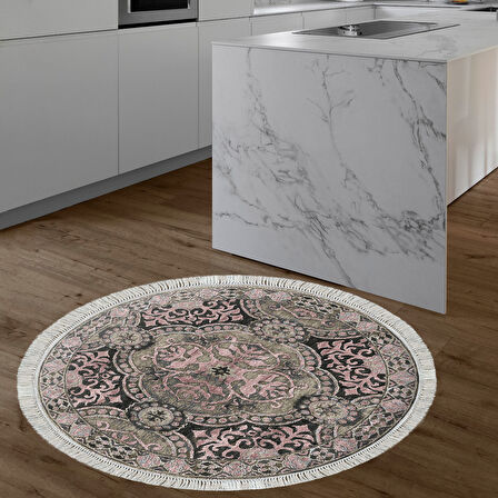 Dekoreko Kaymaz Taban Djt Mutfak Halısı Yıldız Deri Saçaklı Yuvarlak Modern 659M