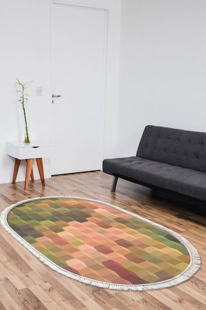 Kaymaz Dijital Mutfak & Salon Halı Trend Saçaklı Oval Geometrik E5014