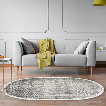 Dekoreko Kaymaz Taban Djt Salon Halısı Yıldız Deri Saçaklı Oval İskandinav F5083