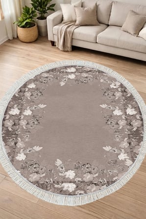 Dijital Baskılı Yuvarlak Salon Halısı | Kaymaz Yıkanabilir | Deri Taban Saçaklı | Çiçekli | P1388
