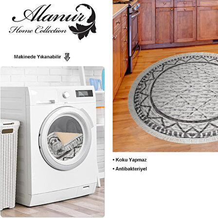 Dekoreko Kaymaz Taban Djt Mutfak Halısı Yıldız Deri Saçaklı Yuvarlak İskandinav F5081