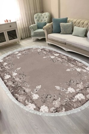 Dijital Baskılı Oval Salon Halısı | Kaymaz Yıkanabilir | Keçe Taban Saçaklı | Çiçekli | P1388