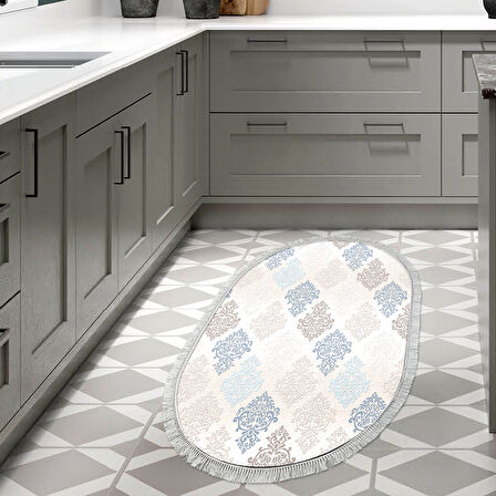 Dekoreko Kaymaz Taban Djt Mutfak Halısı Yıldız Deri Saçaklı Oval Modern 674M