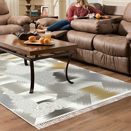 Dekoreko Kaymaz Taban Djt Salon Halısı Yıldız Deri Saçaklı Modern S1030